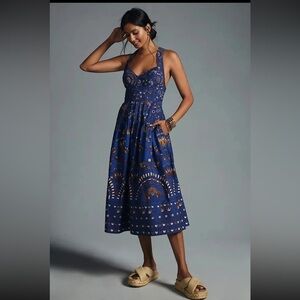 ANTHROPOLOGIE Unique Print Sweetheart Smocked Racerback Cotton Poplin Dress 4